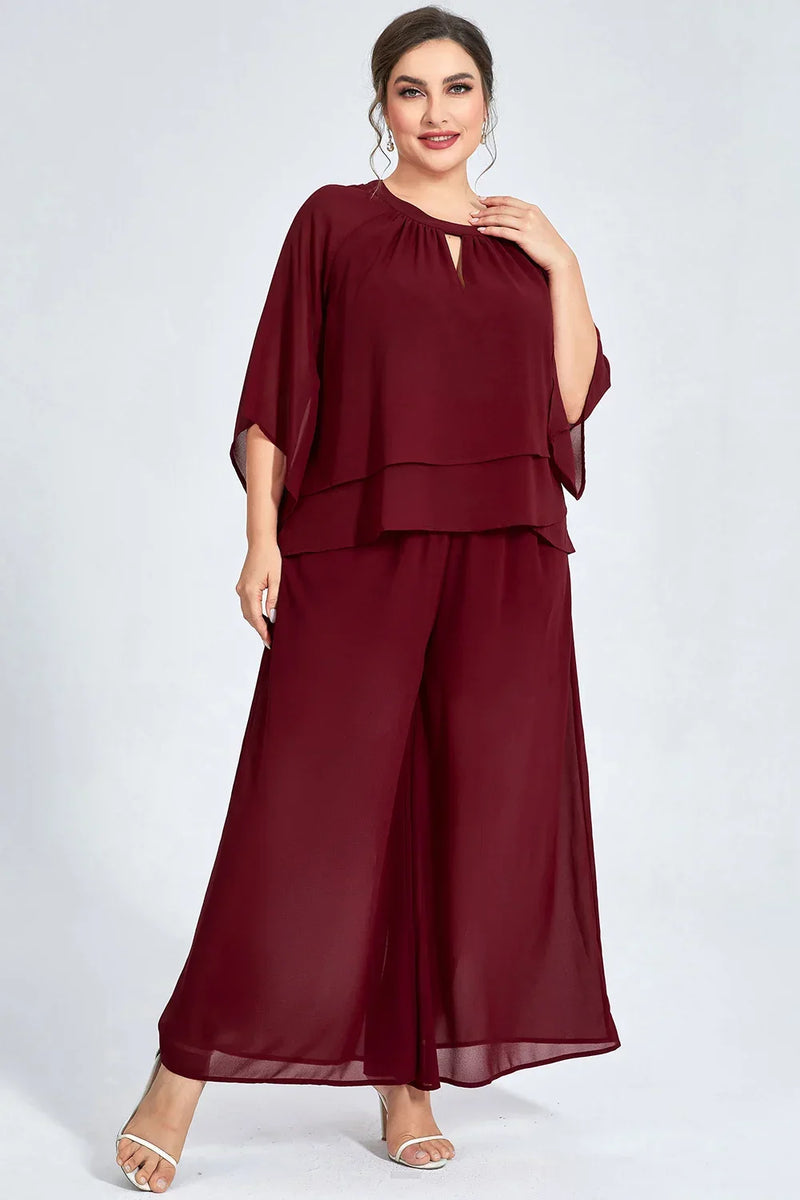 Women's Plus Size Formal Burgundy Chiffon Ruffle Sleeve Cut Out Wide Leg Two Piece Pant Suit Casual Office Lady Matching Sets