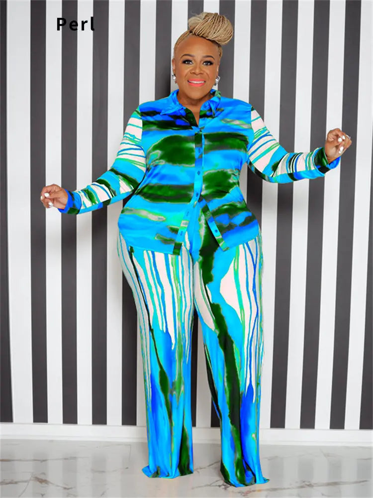 Perl Plus Size Two Piece Outfits Tie Dye Women Fall Clothing Fashion Top and Pants Leggings Matching Set Autumn Tracksuit Xl-5xl